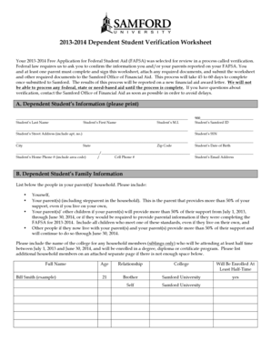 2013-2014 Dependent Student Verification Worksheet