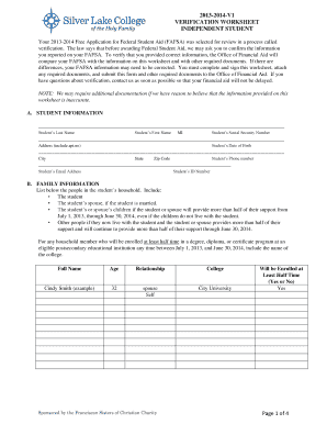 2013-2014 Independent Student Verification Worksheet