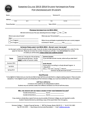 Simmons College Student Information Form