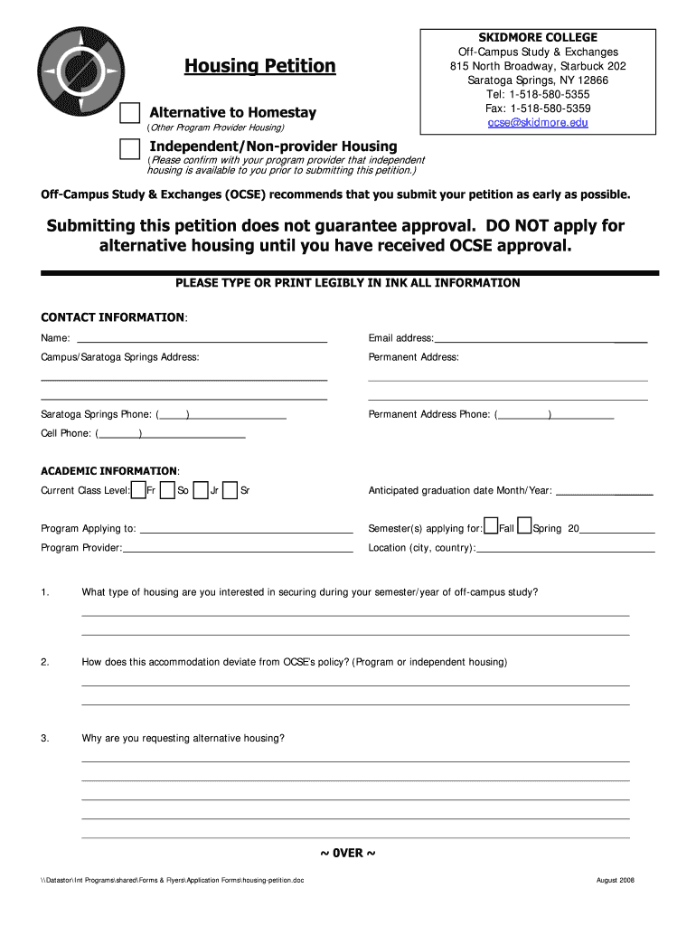Fillable Online cms skidmore Housing Petition Skidmore College Fax