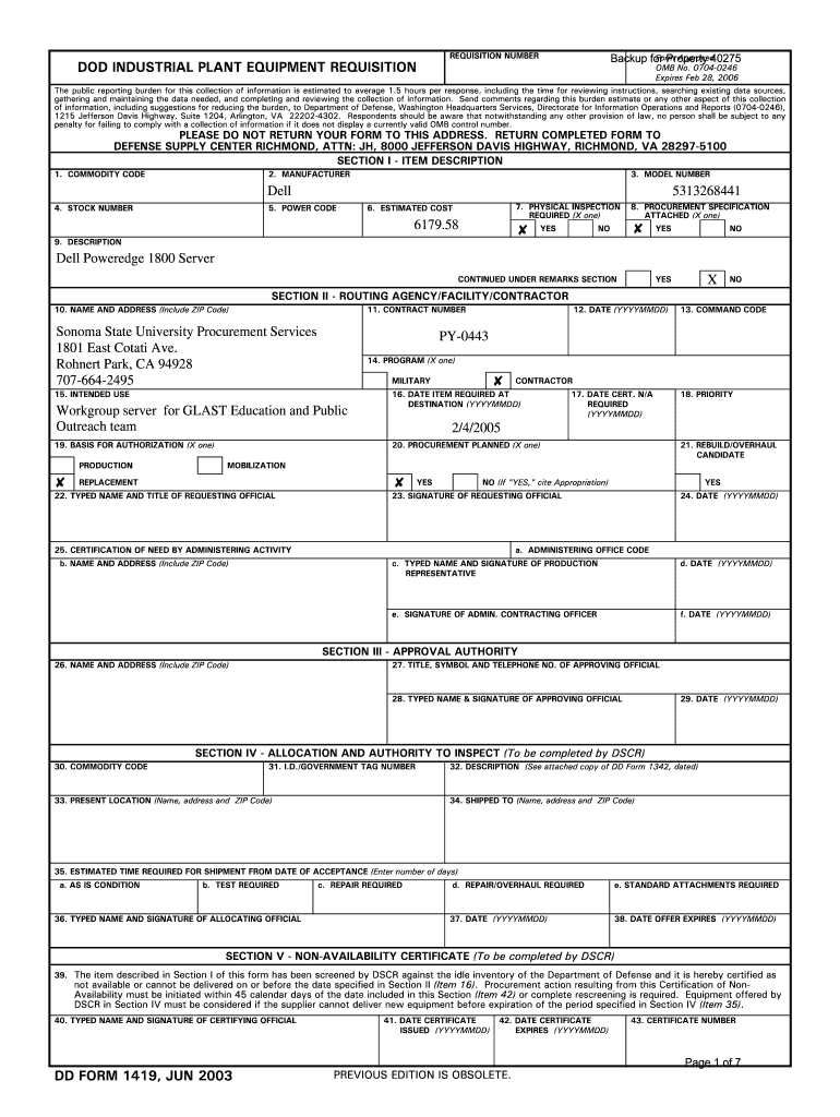 DOD INDUSTRIAL PLANT EQUIPMENT REQUISITION DD FORM ... Preview on Page 1