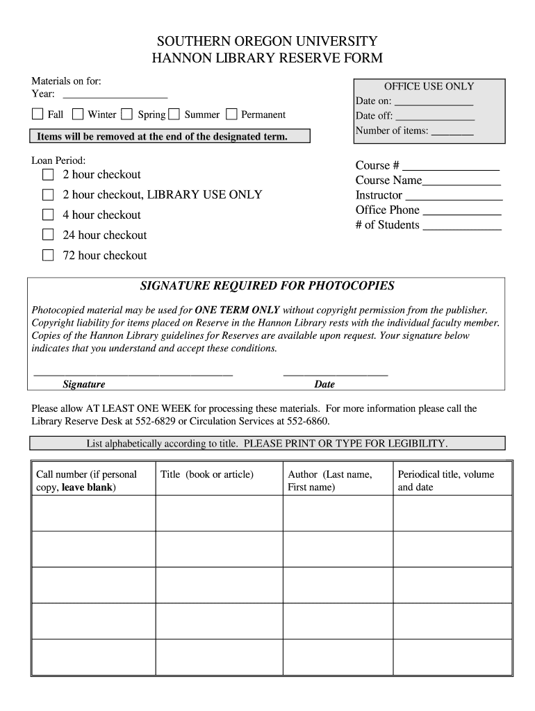 Reserves Form - Hannon Library - Southern Oregon University - hanlib sou Preview on Page 1