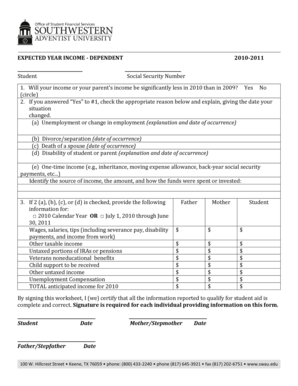 2010-2011 Expected Income Form