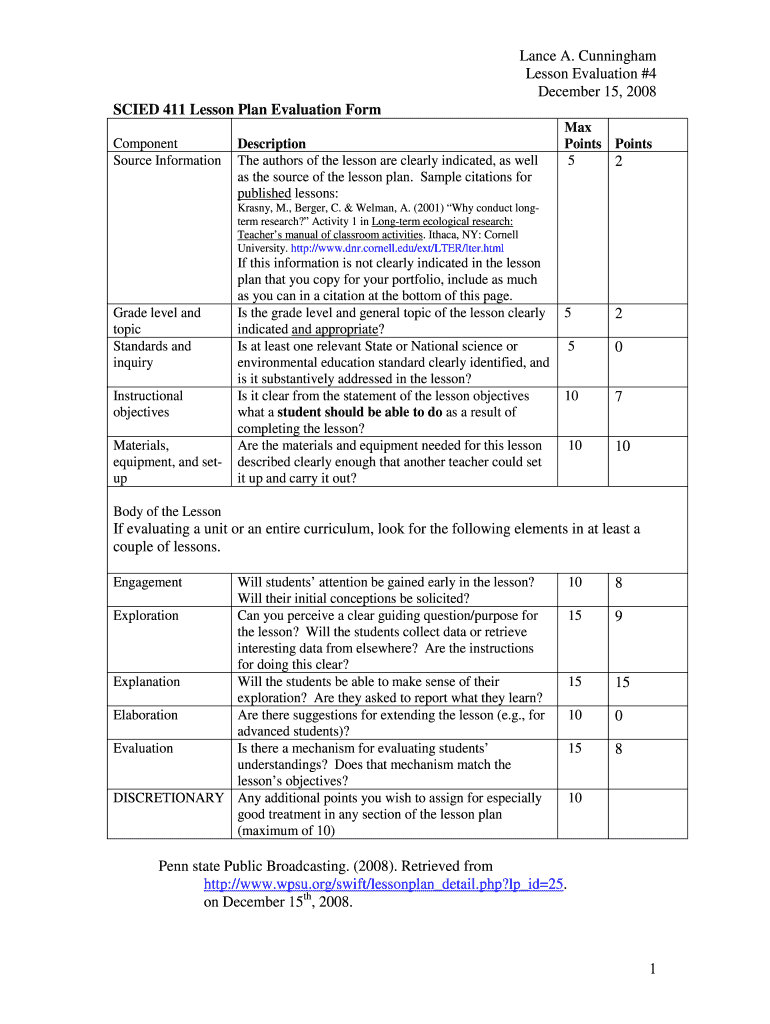 Fillable online personal psu scied 411 lesson plan evaluation form