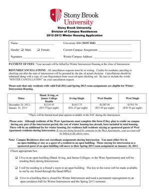 Stony Brook University Winter Housing Application