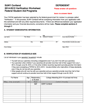 SUNY Cortland Dependent Verification Worksheet