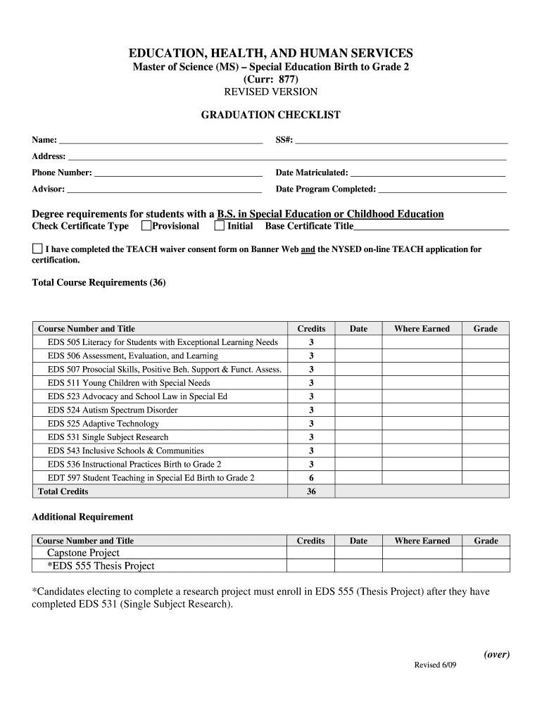 Fillable Online web plattsburgh Special Education Graduation Checklist