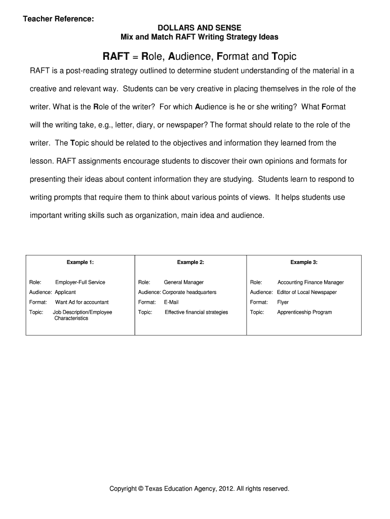 Fillable Online cte sfasu Dollars and Sense Mix and Match RAFT Writing