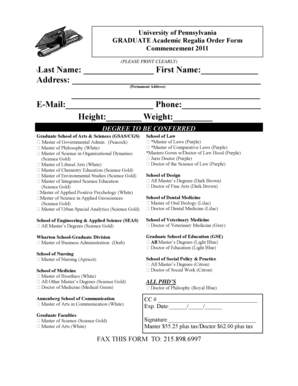 University of Pennsylvania Graduate Academic Regalia Order Form