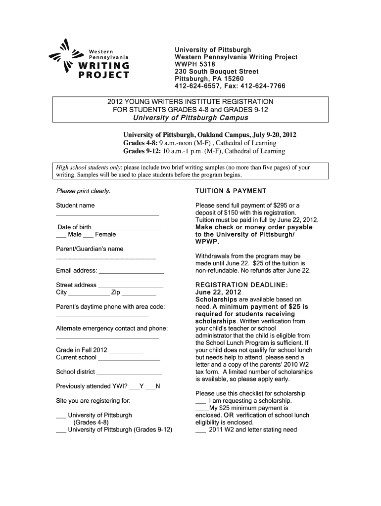 2012 YOUNG WRITERS INSTITUTE REGISTRATION FOR Preview on Page 1