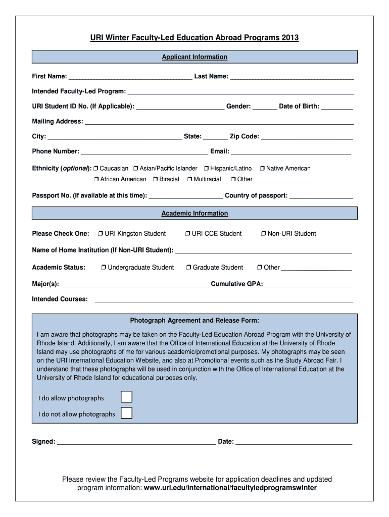 Winter Faculty-Led Education Abroad Application Form Preview on Page 1
