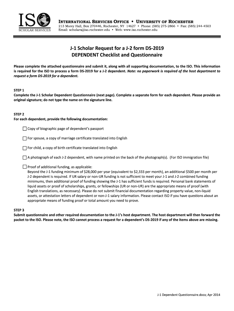 J-1 Scholar Dependent Questionnaire - International Services Office Preview on Page 1