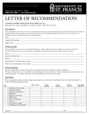 University of St. Francis Letter of Recommendation