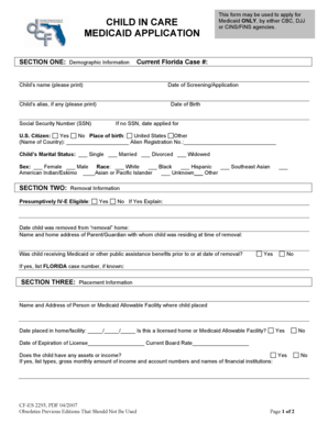 Florida Child in Care Medicaid Application