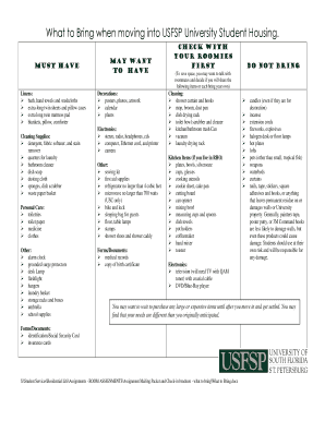 USFSP University Student Housing Checklist
