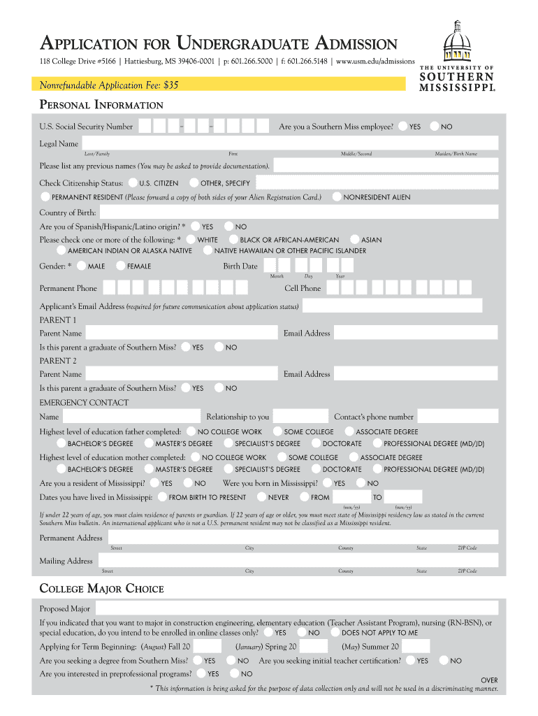 printable app for southern miss university form Preview on Page 1