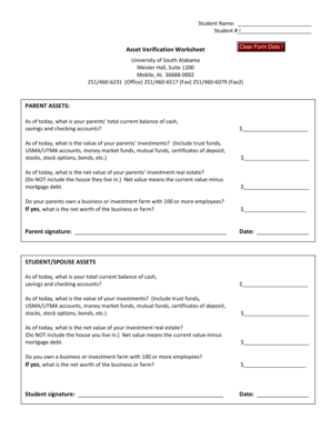 University of South Alabama Asset Verification Worksheet