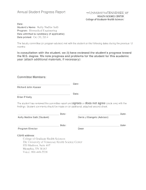 Sample of after activity report - Annual Student Progress Report Date: Student's Name: Kelly Nadine Salb Program: Biomedical Engineering and Imaging Date admitted to candidacy (if applicable): Date printed: Jul 19, 2013 The faculty committee (or program advisor) met with