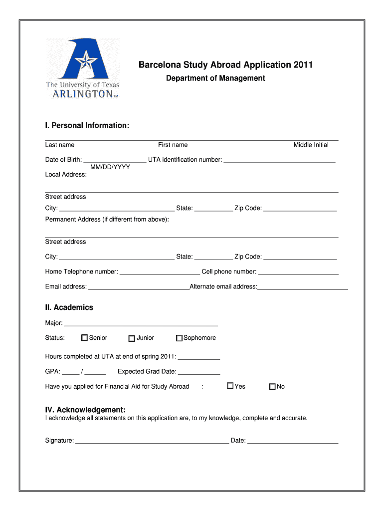 Barcelona Study Abroad Application 2011 Preview on Page 1