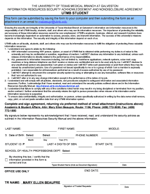 UTMB Student Information Resources Security Agreement