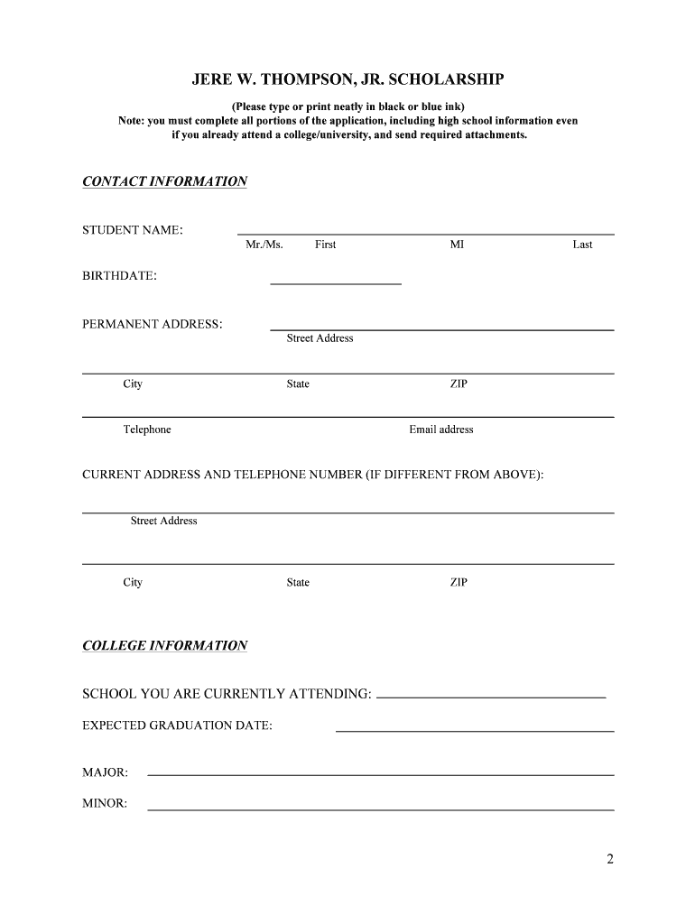 2013 Jere W Thompson Jr Scholarship Application doc Preview on Page 1