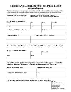Utah University Licensure Recommendation Form