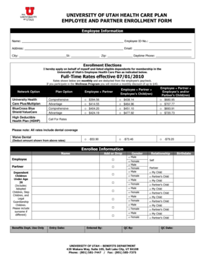 University of Utah Employee Health Care Plan Enrollment Form