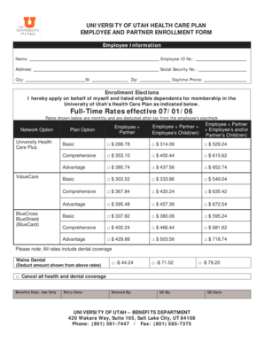 University of Utah Employee Health Care Plan Enrollment Form