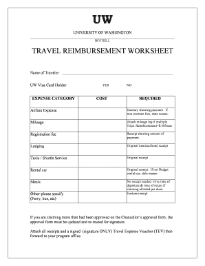 University of Washington Travel Reimbursement Worksheet