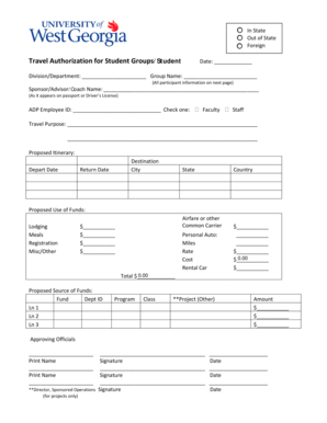 University of West Georgia Student Travel Authorization Form