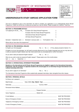 University of Westminster Undergraduate Study Abroad Application Form