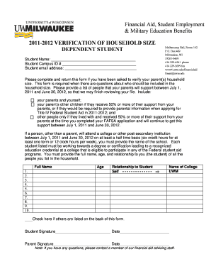 2011-2012 Verification of Household Size Form