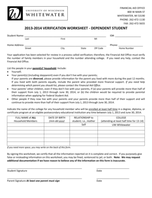 2013-2014 Verification Worksheet - Dependent Student