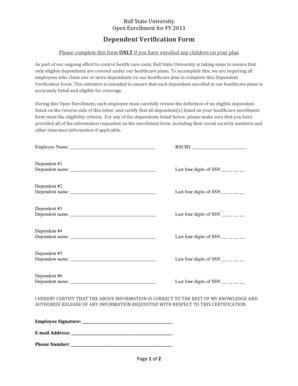 Ball State University Dependent Verification Form