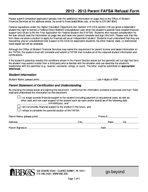 2012 - 2013 Parent FAFSA Refusal Form