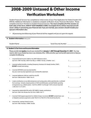 2008-2009 Untaxed Income Verification Worksheet