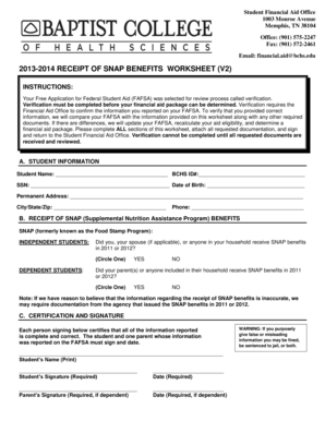 2013-2014 SNAP Benefits Verification Worksheet