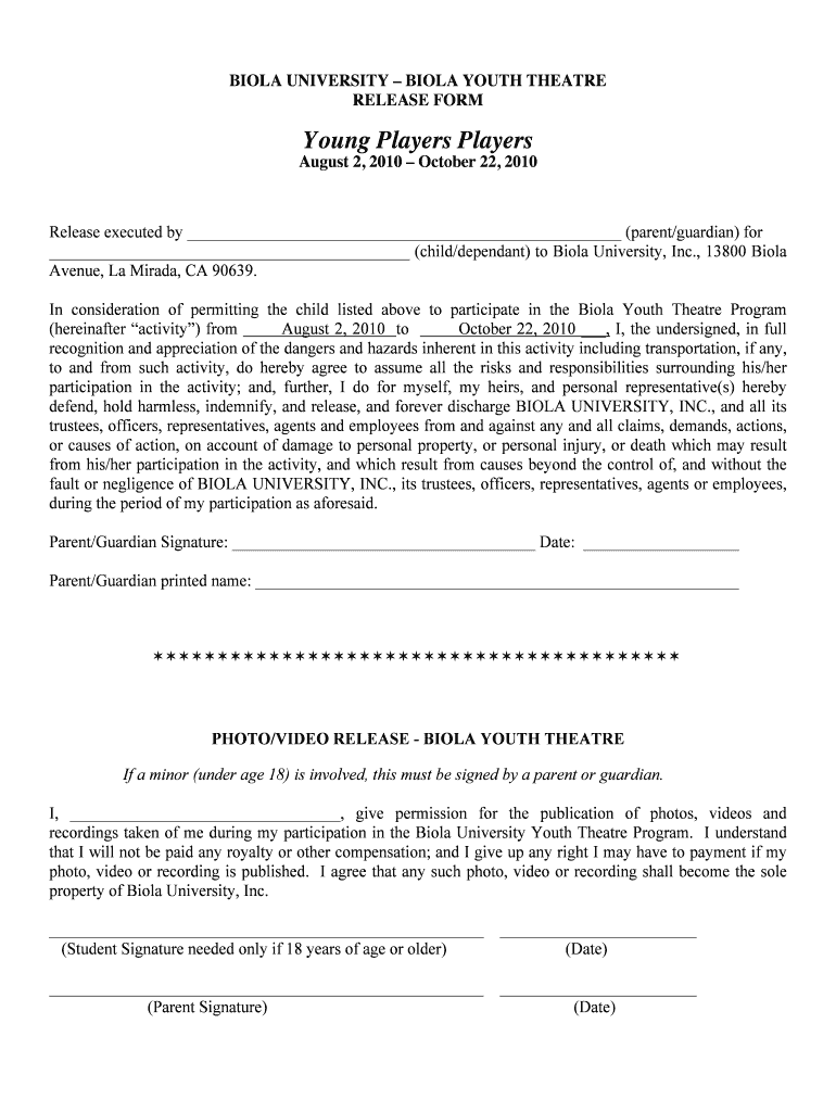 Fillable Online youth biola Release Form Biola Youth Biola