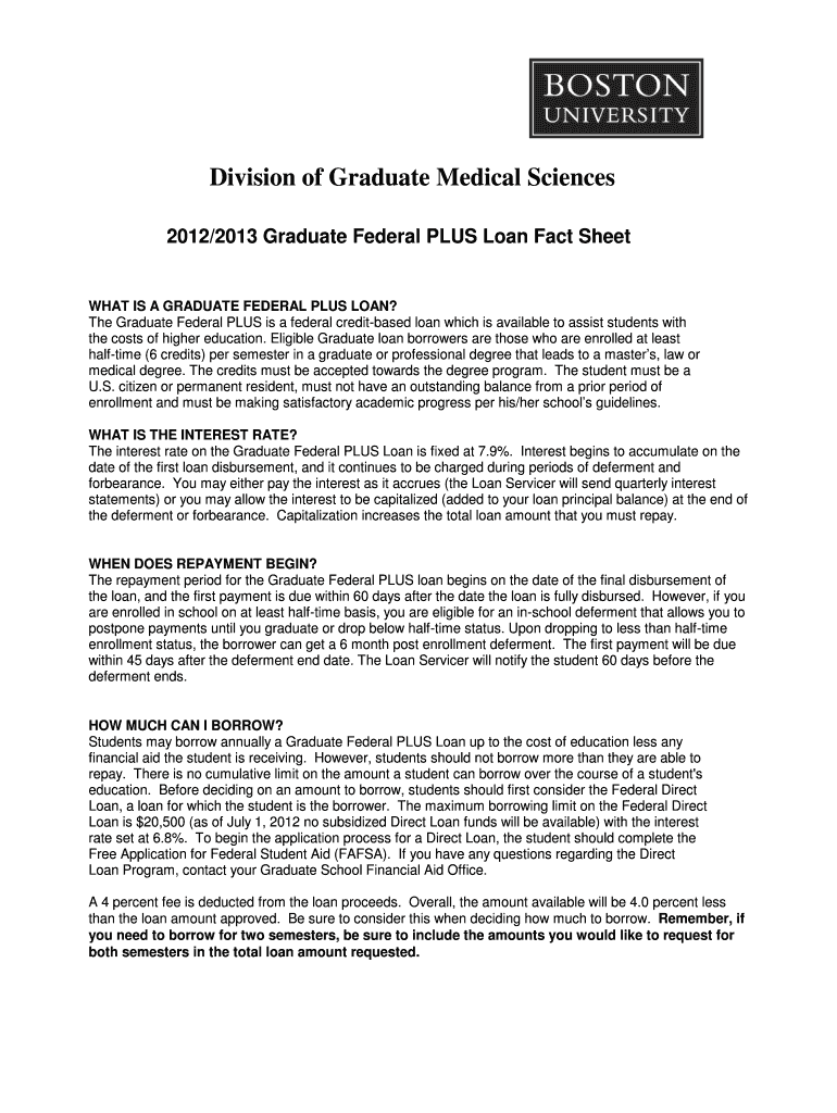 2012 2013 Graduate Federal PLUS Request Form - Boston Preview on Page 1