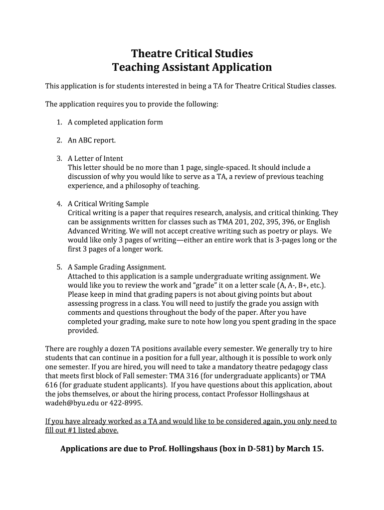 TA Application for Theatre Critical Studies Preview on Page 1