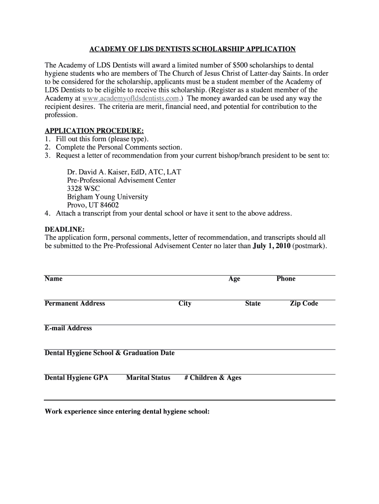 Academy of lds dentists scholarship application - Brigham Young Preview on Page 1