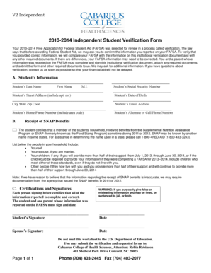 2013-2014 Independent Student Verification Form