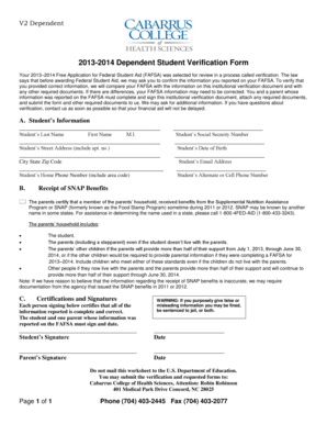 2013-2014 Dependent Student Verification Form