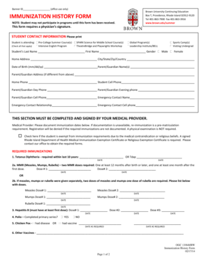 Brown University Immunization History Form