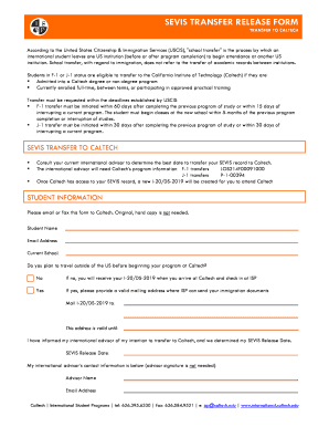 SEVIS TRANSFER RELEASE FORM - Caltech - international caltech