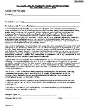 California Release of Liability Form