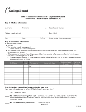 2013-14 Verification Worksheet – Dependent Student