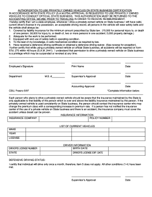 Authorization to Use Privately Owned Vehicle on State Business Form - fresnostate