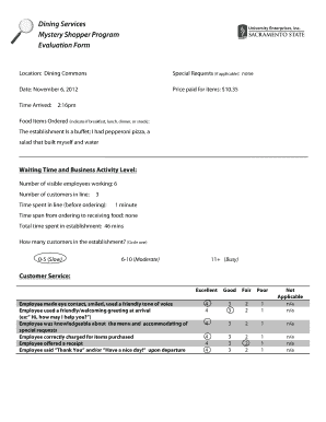 Dining Services Mystery Shopper Program Evaluation Form