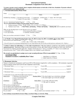 Roommate Assignment Form